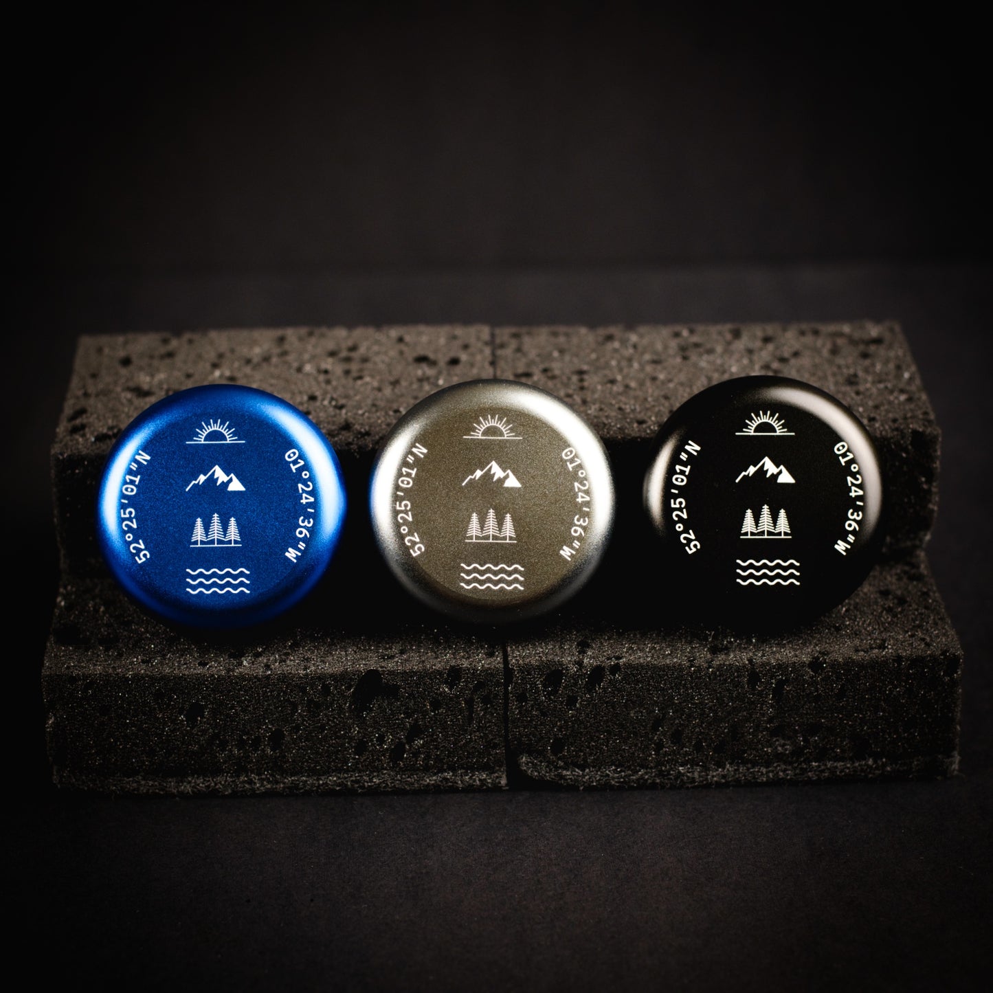 Personalised portable incense burner available in black, gunmetal and blue with coordinate engraving and custom artwork options.