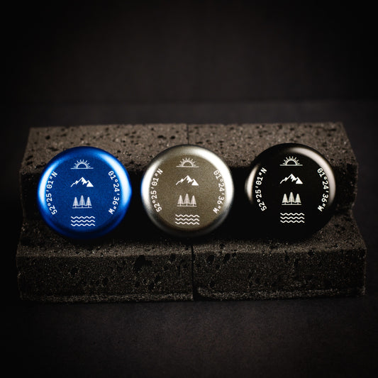 Personalised portable incense burner available in black, gunmetal and blue with coordinate engraving and custom artwork options.