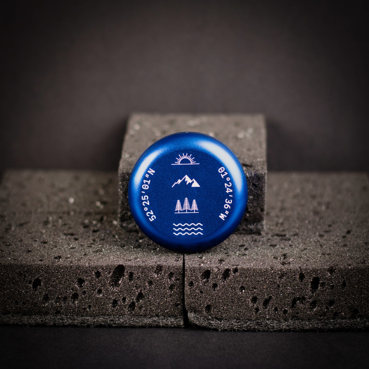 Blue personalised portable incense burner with engraved coordinates and nature-inspired symbols