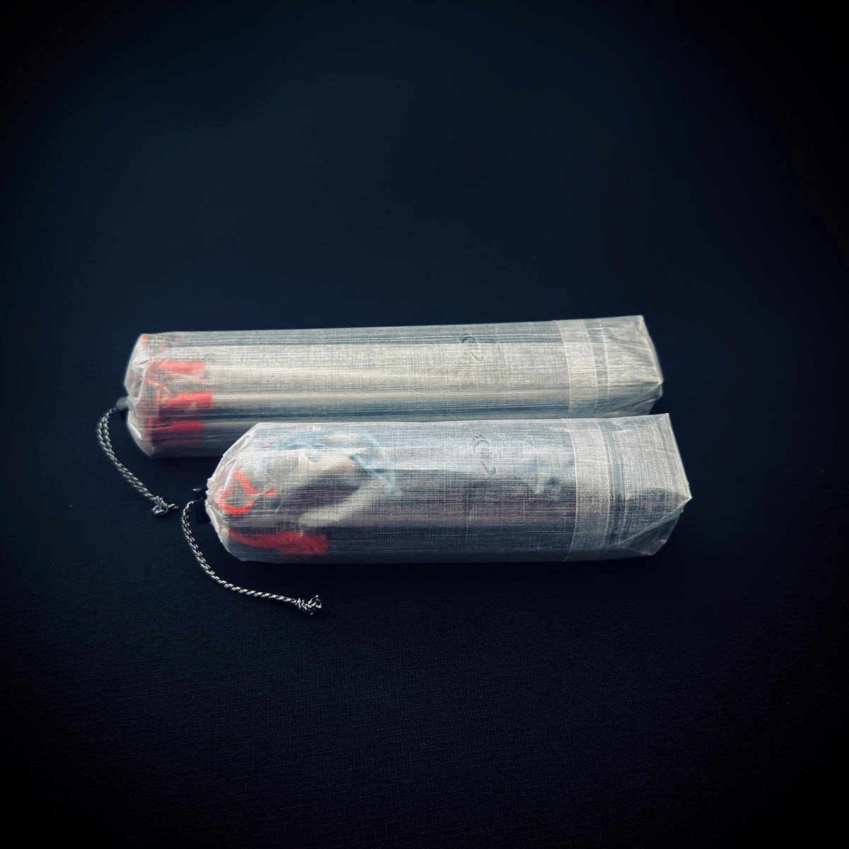 IMG_0331: Two ultralight translucent DCF tent stake bags in different lengths, shown side by side with drawcord closures and tent pegs visible inside.