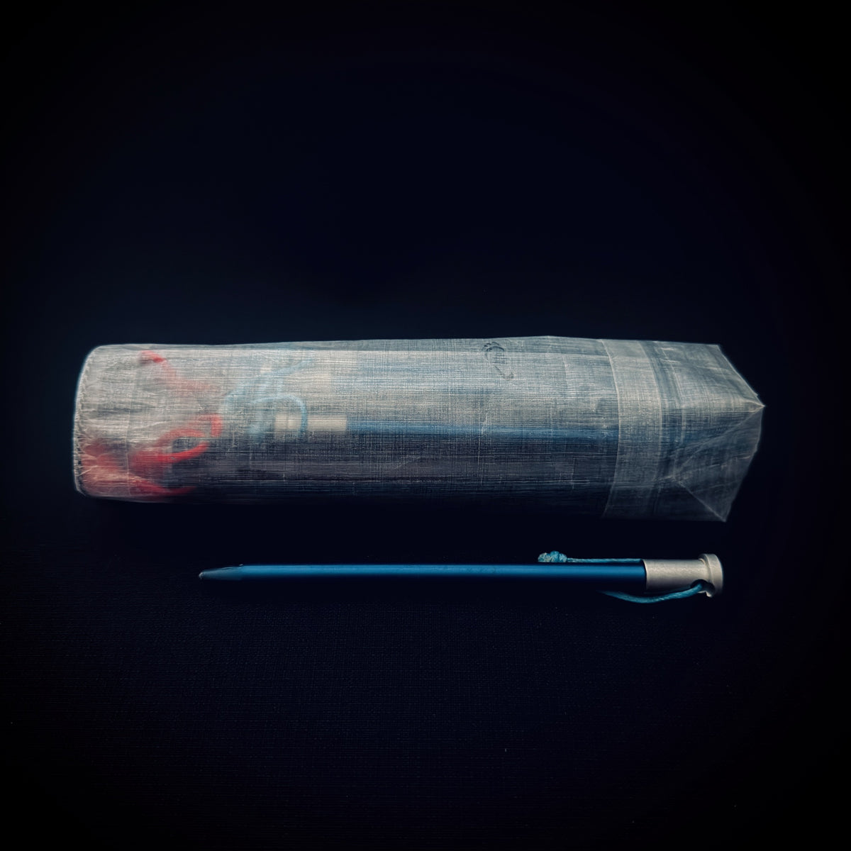 Long translucent Dyneema Composite Fabric tent stake bag with a single blue aluminium tent peg shown alongside for scale.
