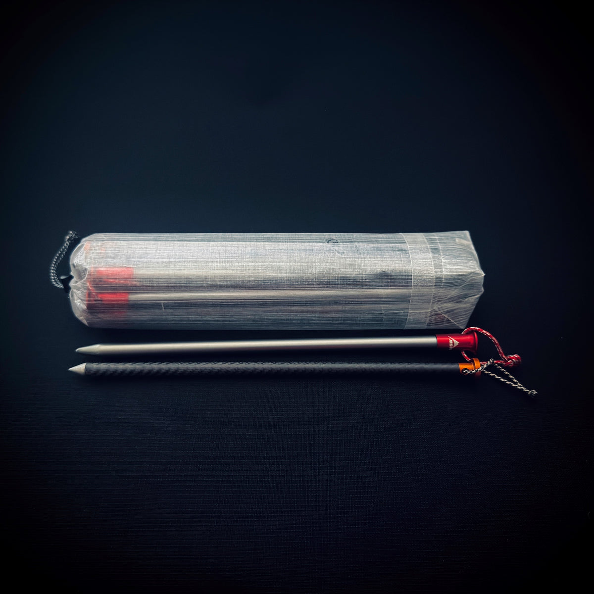 Translucent DCF tent stake bag with two different lightweight tent pegs displayed alongside, including aluminium and carbon fibre styles.