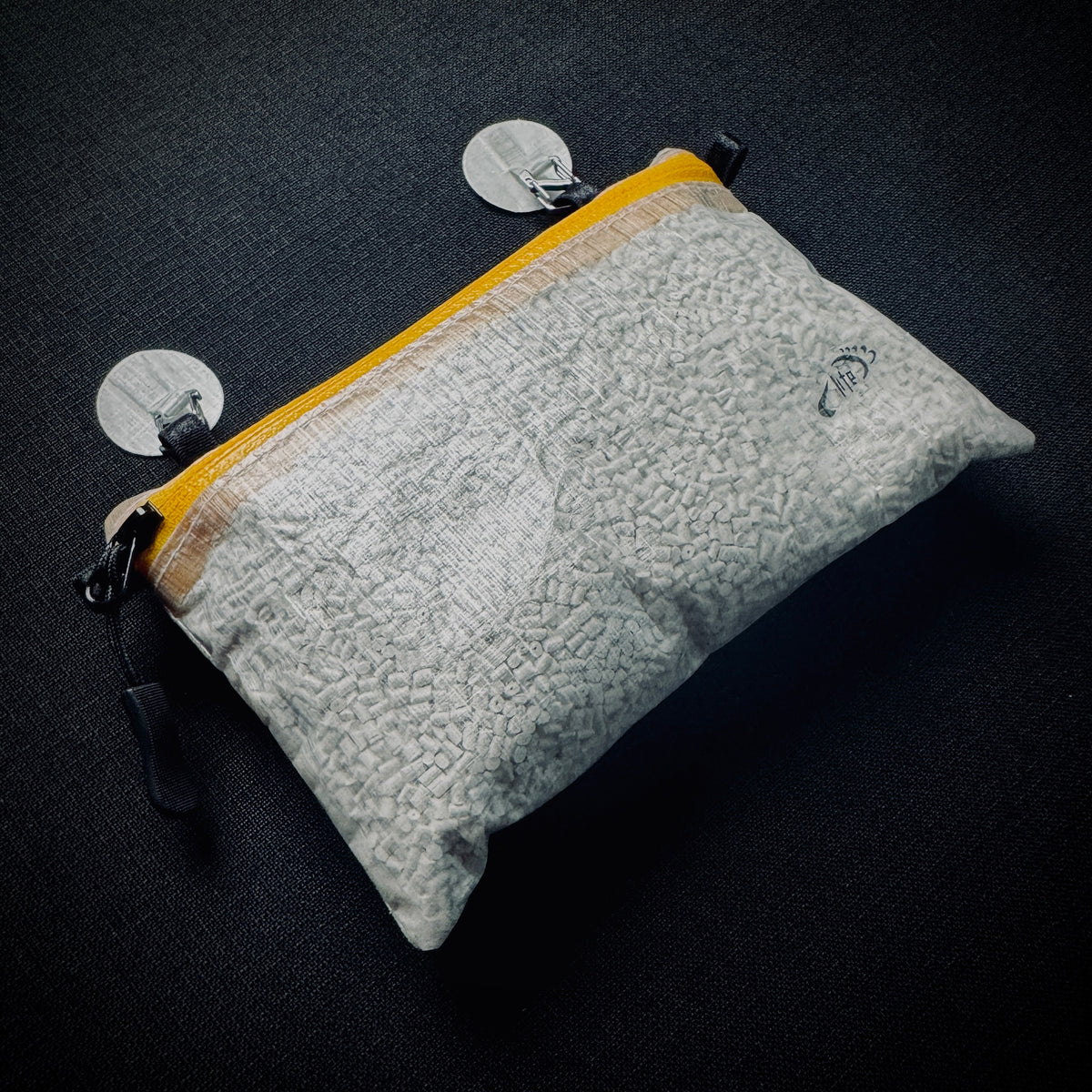 DCF backpack organiser pouch with yellow zip and two Microdot hanging points.
