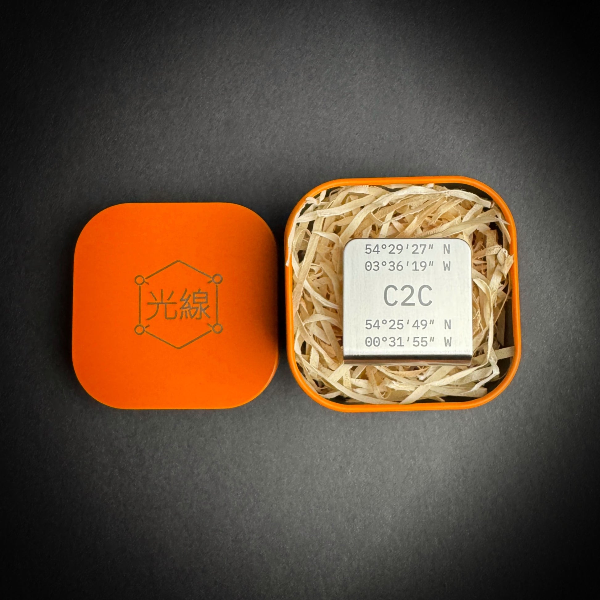 Gift boxed Coast to Coast Journey Marker stainless steel hat brim clip presented in engraved metal tin